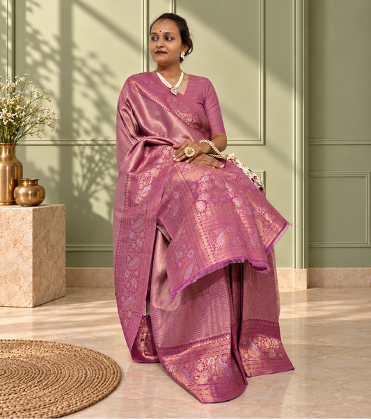 Dusty Mauve Uppada Pure Silk Saree with Floral Nakshatra Border