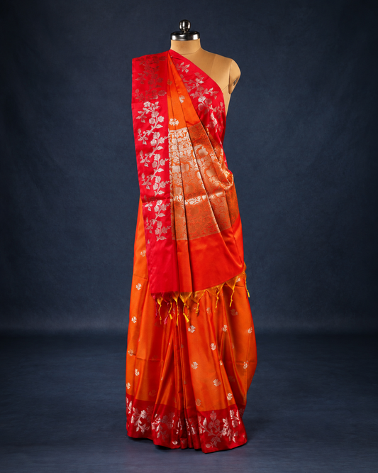 Red Orange Open Border Meenakari Floral Butta Saree