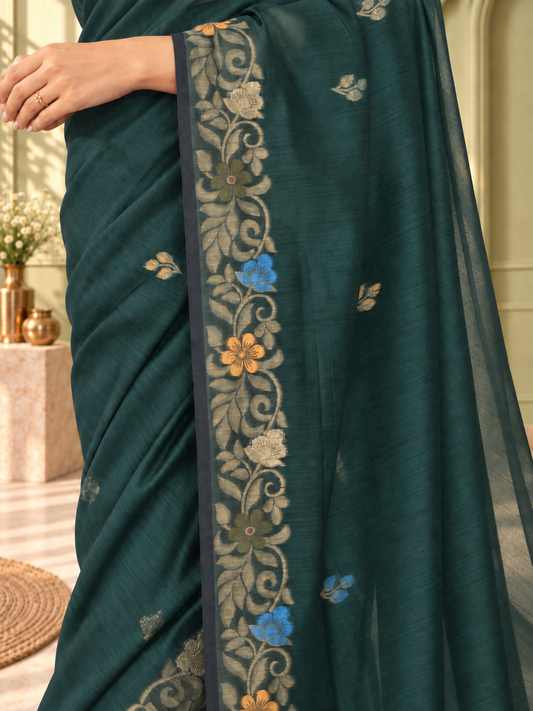 Green Cotton Handwoven Jamdani Saree with Multicolour Floral Design