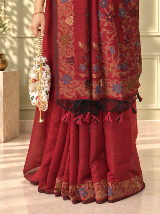 Red Cotton Handwoven Jamdani Saree with Multicolour Floral Design
