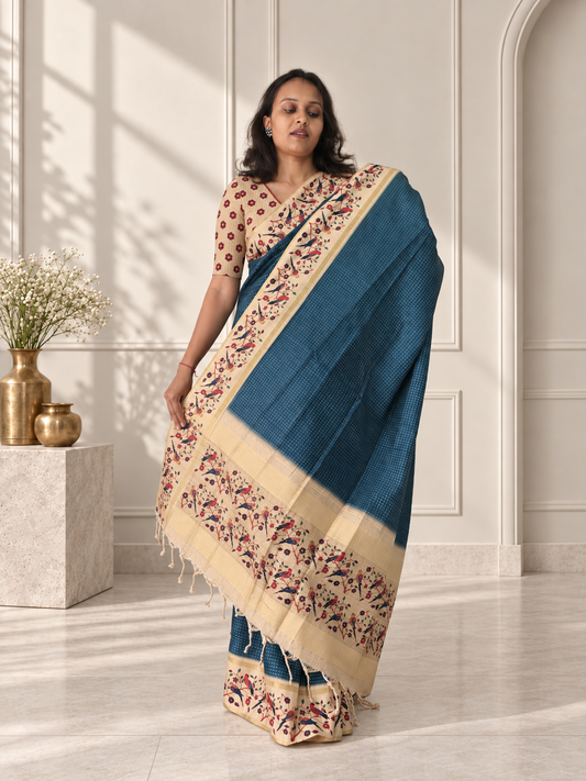 Bird & Floral Print Deep Teal Blue Tussar Silk Saree