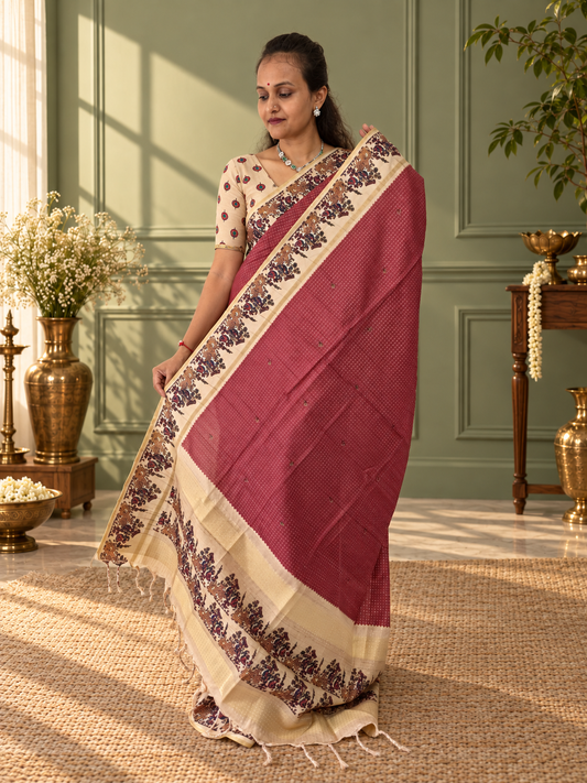 Heritage Folk Art Tussar Silk Saree – Brick Red