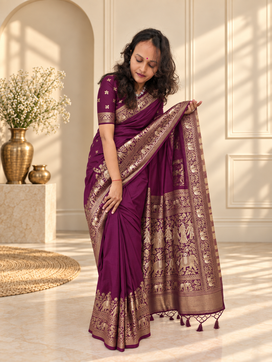 Wine Woven Banarasi Silk Saree with Gold Zari Elephant & Floral Border
