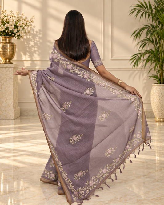 Dusty Lavender Linen Saree with Handcrafted Aari Floral Embroidery