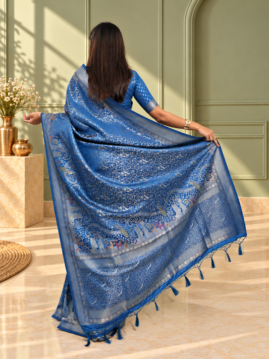 Royal Blue Pure Mashru Silk Handwoven Banarasi Saree with Rich Zari Border