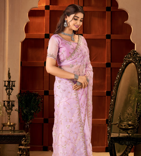 Elegant portrait of the Chhoga Lavender Pink Tissue Silk Saree styled