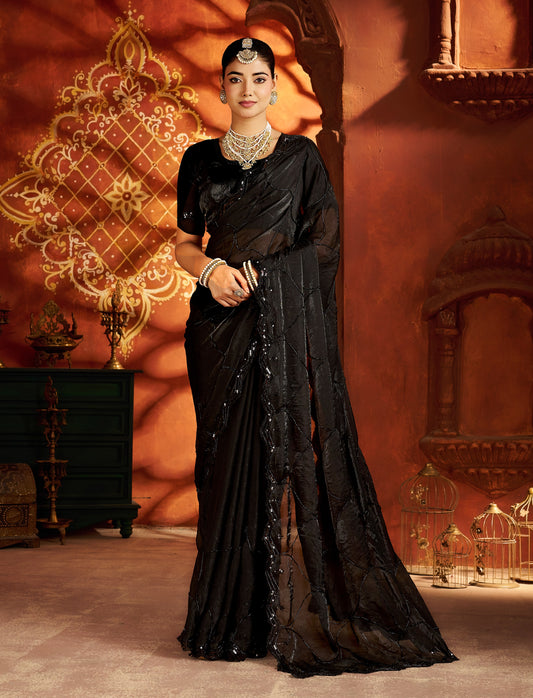Black Designer Saree with Heavy Handcrafted Work