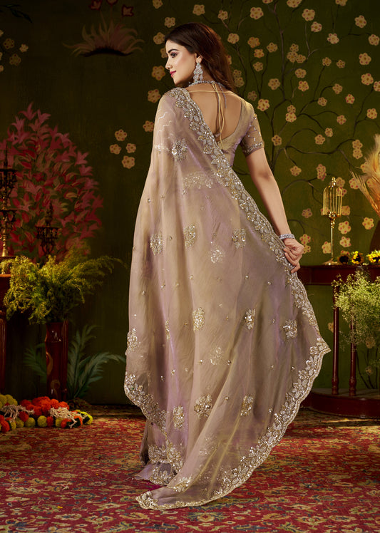 Side view of Handcrafted Desert Rose Regal Bloom Soft Tissue Saree.