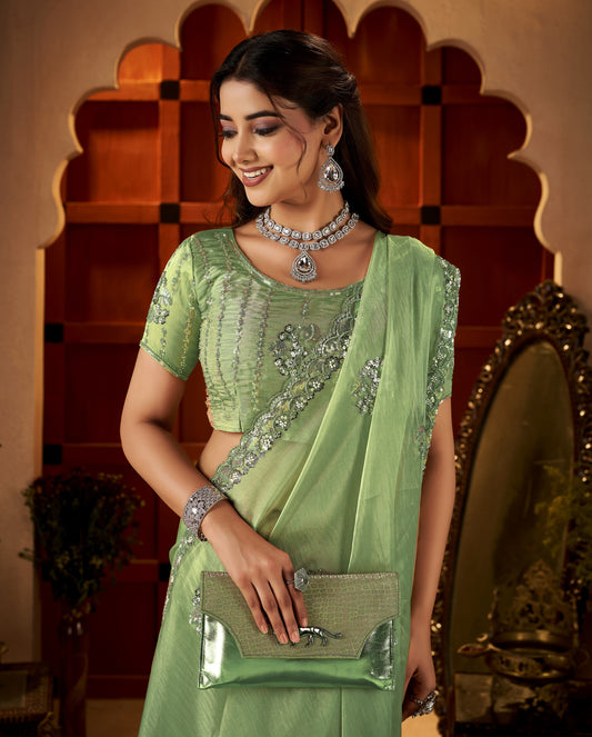 Chhoga Pistachio Green Floral Motif Saree pleats with elegant hand embellishments