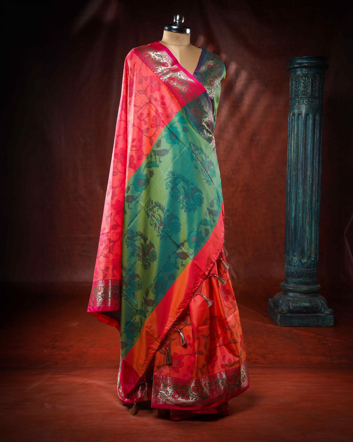 Meadow Bloom Vermilion Multicolour Soft Silk Saree with Meena Border