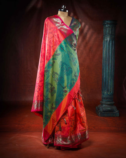 Meadow Bloom Vermilion Multicolour Soft Silk Saree with Meena Border