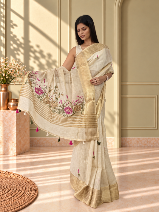 Ivory Linen Saree with Hand Embroidered Pink Florals