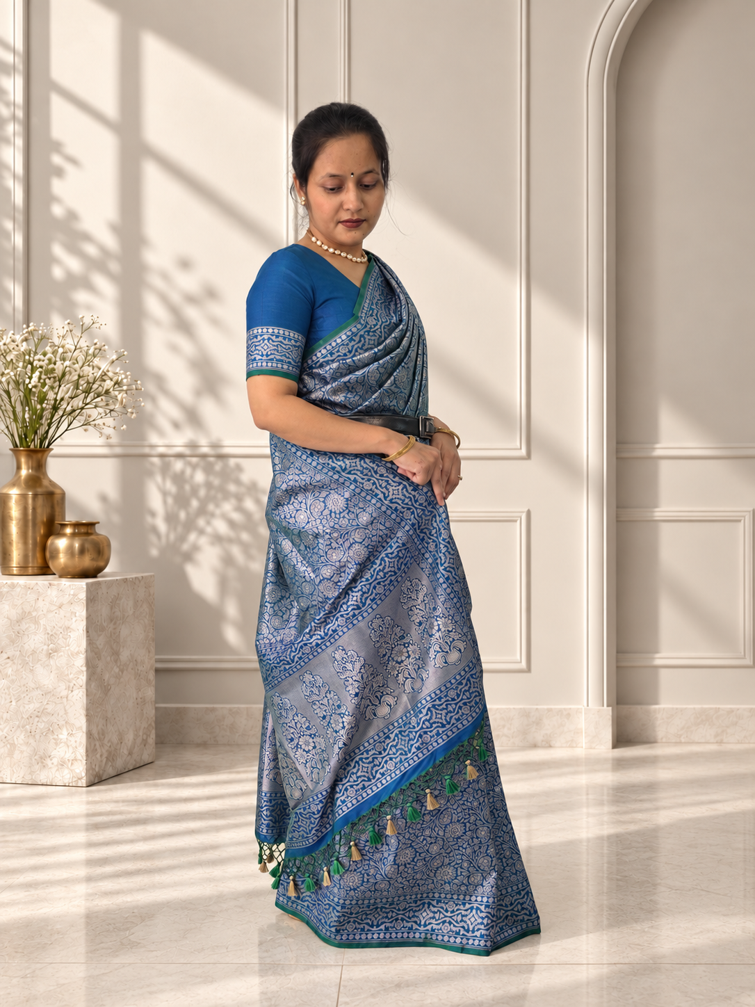 blue crepe jaal silk saree with matching floral border