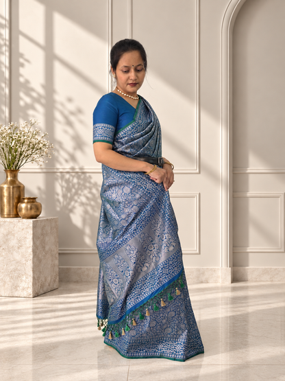 Blue Crepe Jaal Silk Saree with Matching Floral Border