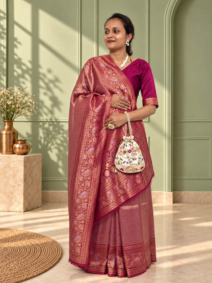 Rosewood Wine Uppada Pure Silk Saree with Floral Nakshatra Border