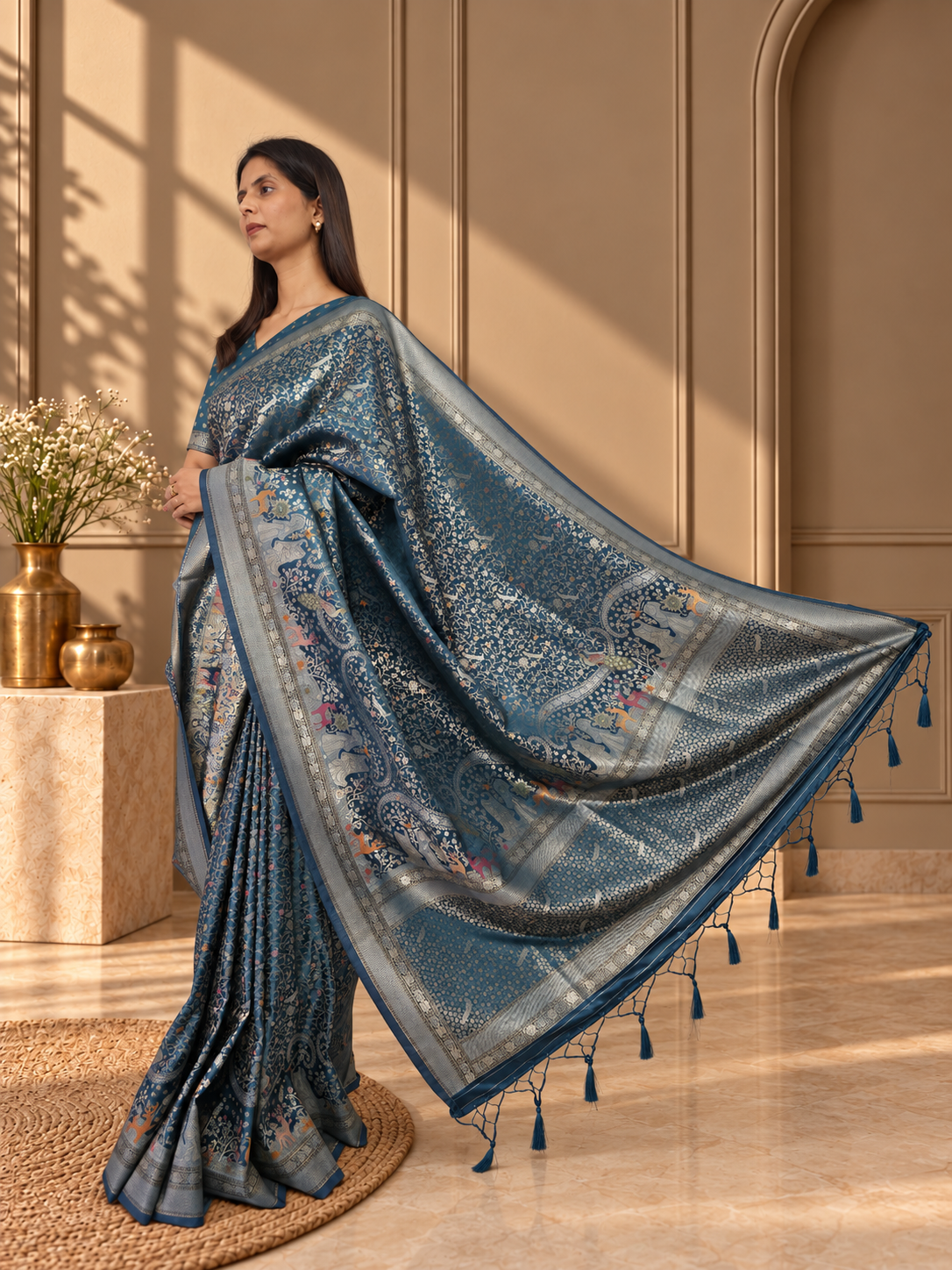 Teal Blue Pure Mashru Silk Handwoven Banarasi Saree with Rich Zari Border