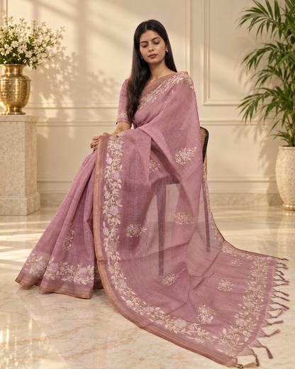 Dusty Mauve Linen Saree with Handcrafted Aari Floral Embroidery