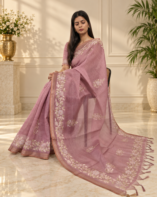 Dusty Mauve Linen Saree with Handcrafted Aari Floral Embroidery