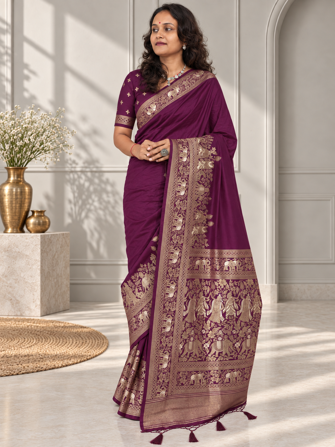 wine woven banarasi silk saree with gold zari elephant & floral border