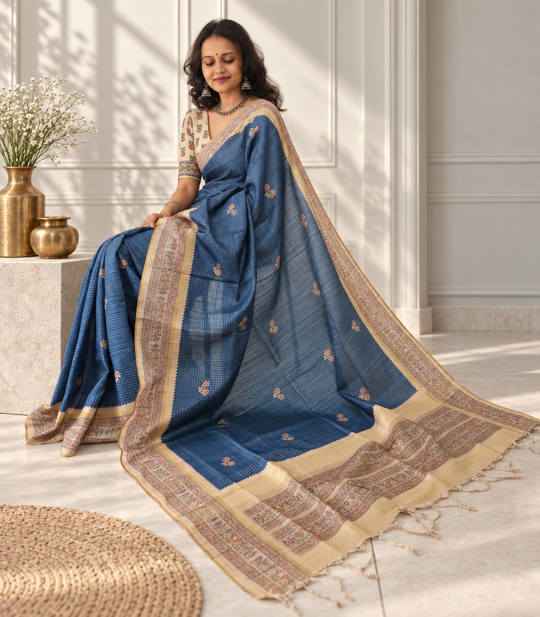 madhubani folk art dusty slate blue tussar silk saree