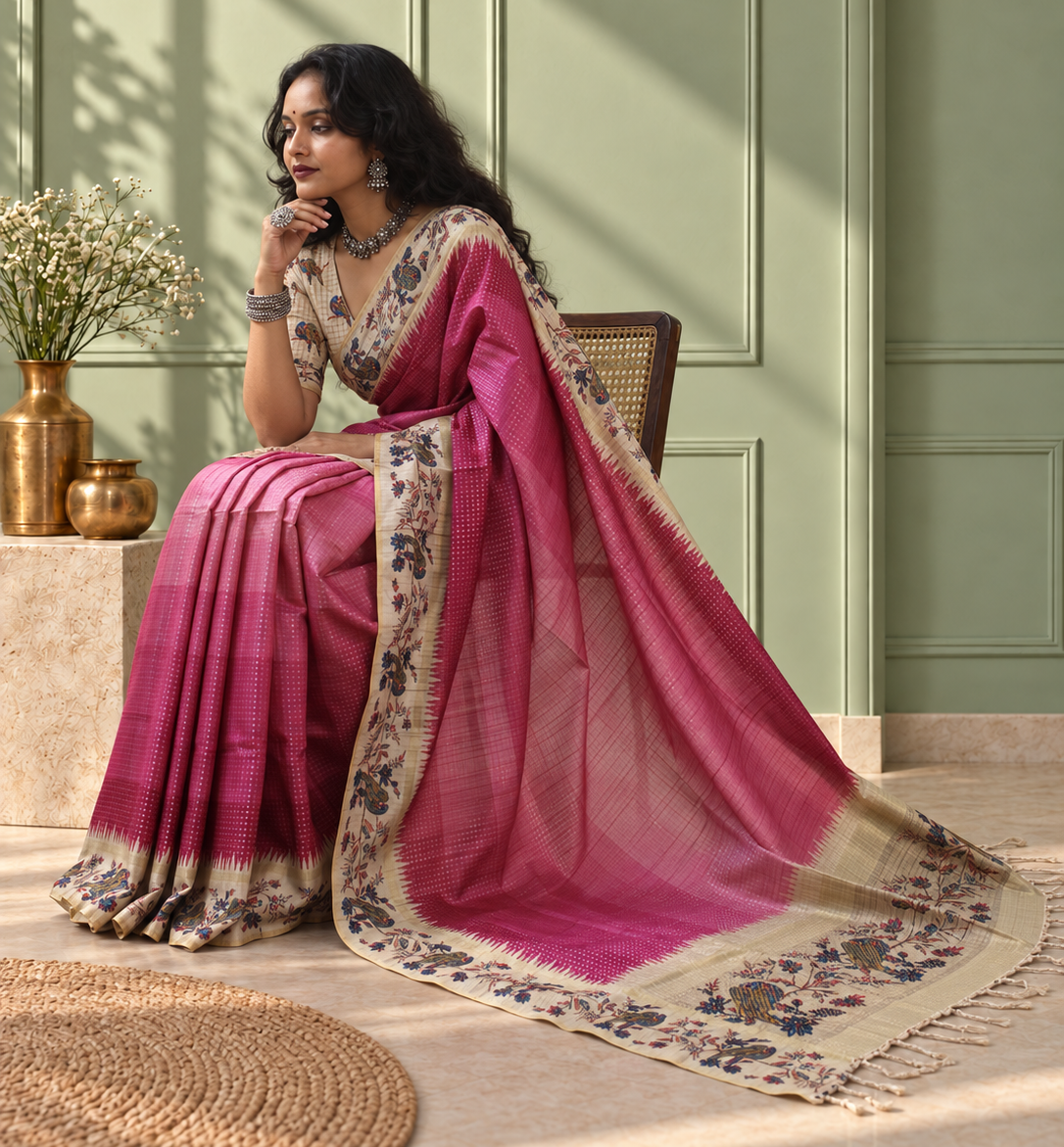 Pink Tussar Silk Katha Print Saree with Parrot Pallu