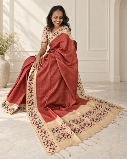 Bird & Floral Print Muted Terracotta Tussar Silk Saree
