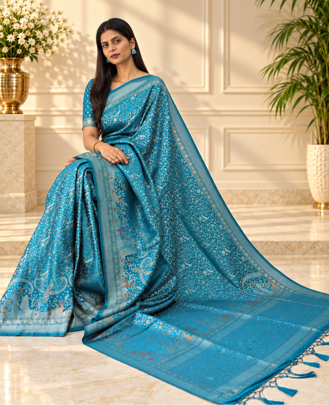Aqua Blue Pure Mashru Silk Handwoven Banarasi Saree with Rich Zari Border