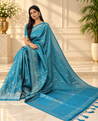 Aqua Blue Pure Mashru Silk Handwoven Banarasi Saree with Rich Zari Border