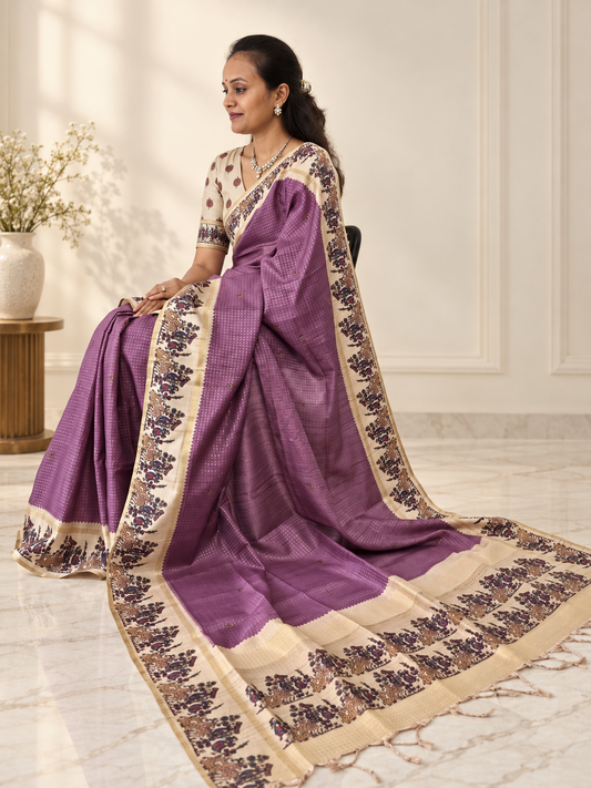 Heritage Folk Art Tussar Silk Saree – Mauve Purple