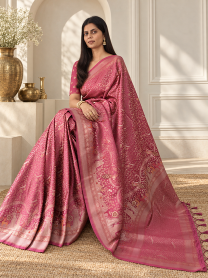 Rose Pink Pure Mashru Silk Handwoven Banarasi Saree with Rich Zari Border