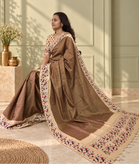 Bird & Floral Print Taupe Brown Tussar Silk Saree