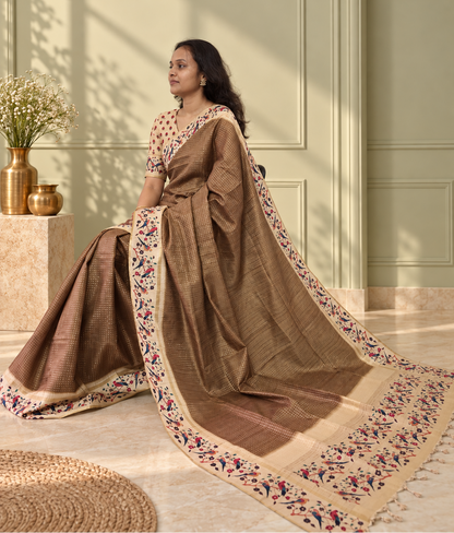 Bird & Floral Print Taupe Brown Tussar Silk Saree