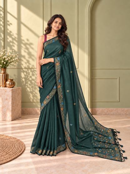 Green Cotton Handwoven Jamdani Saree with Multicolour Floral Design
