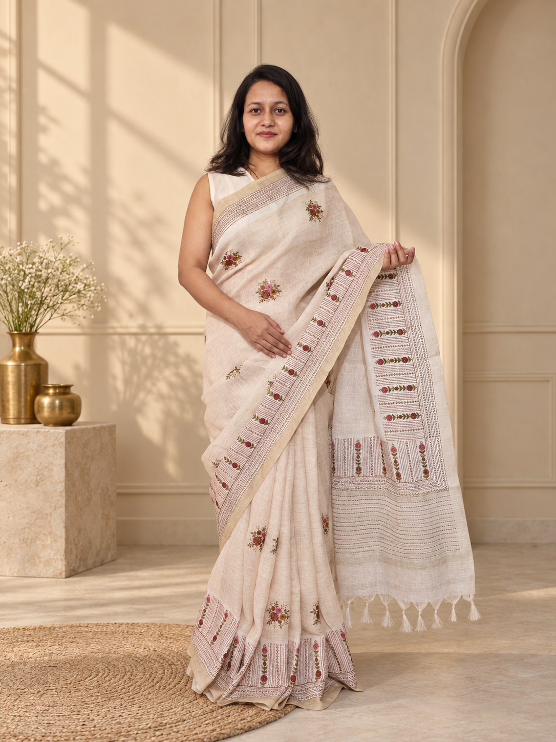 linen silk handloom saree with multicolour katha stitch hand embroidery