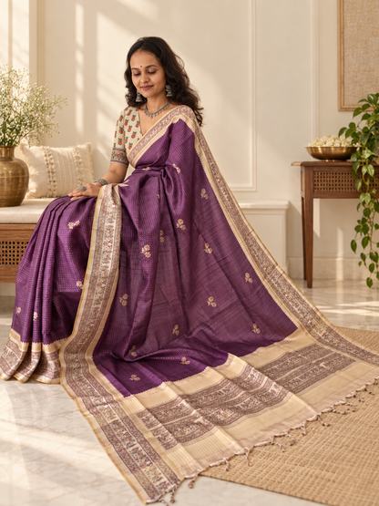 Madhubani Folk Art Mauve Purple Tussar Silk Saree