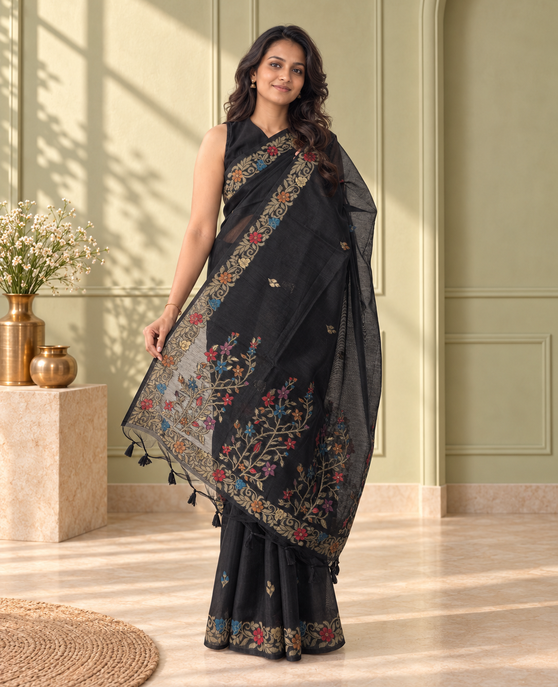 Black Cotton Handwoven Jamdani Saree with Multicolour Floral Design