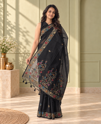 Black Cotton Handwoven Jamdani Saree with Multicolour Floral Design