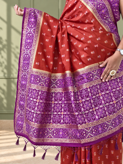 Terracotta Purple Silk Patola Saree with Geometric Woven Border