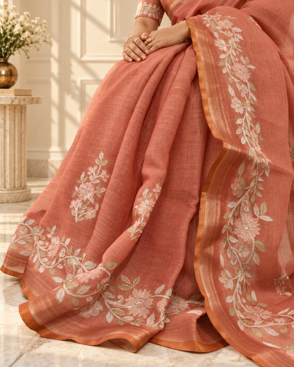 Muted Terracotta Linen Saree with Handcrafted Aari Floral Embroidery