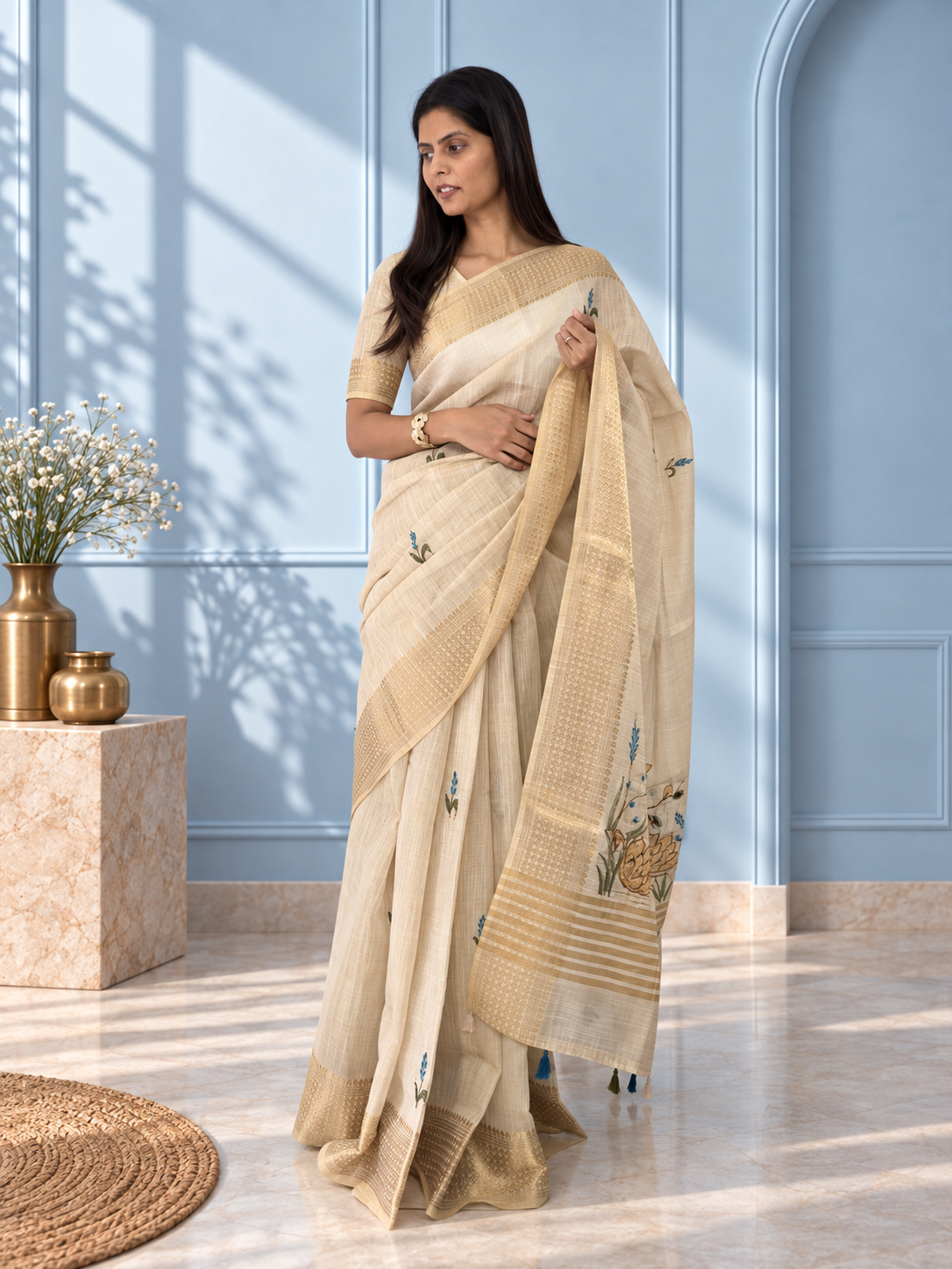 Ivory Linen Saree with Hand Embroidered Peacock Blue Florals