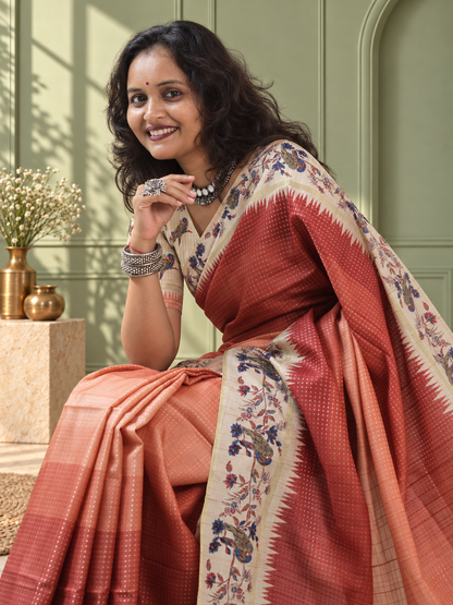 Terracotta Tussar Silk Katha Print Saree with Parrot Pallu