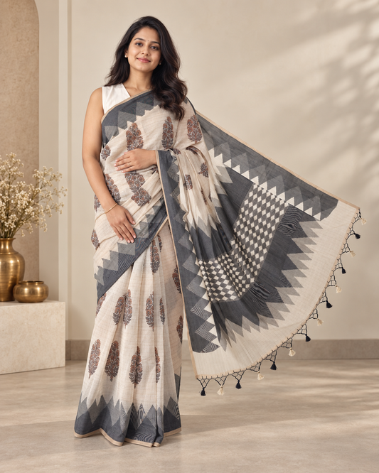 Ivory Pure Chanderi Cotton Handloom Saree with Dhakai Block Print