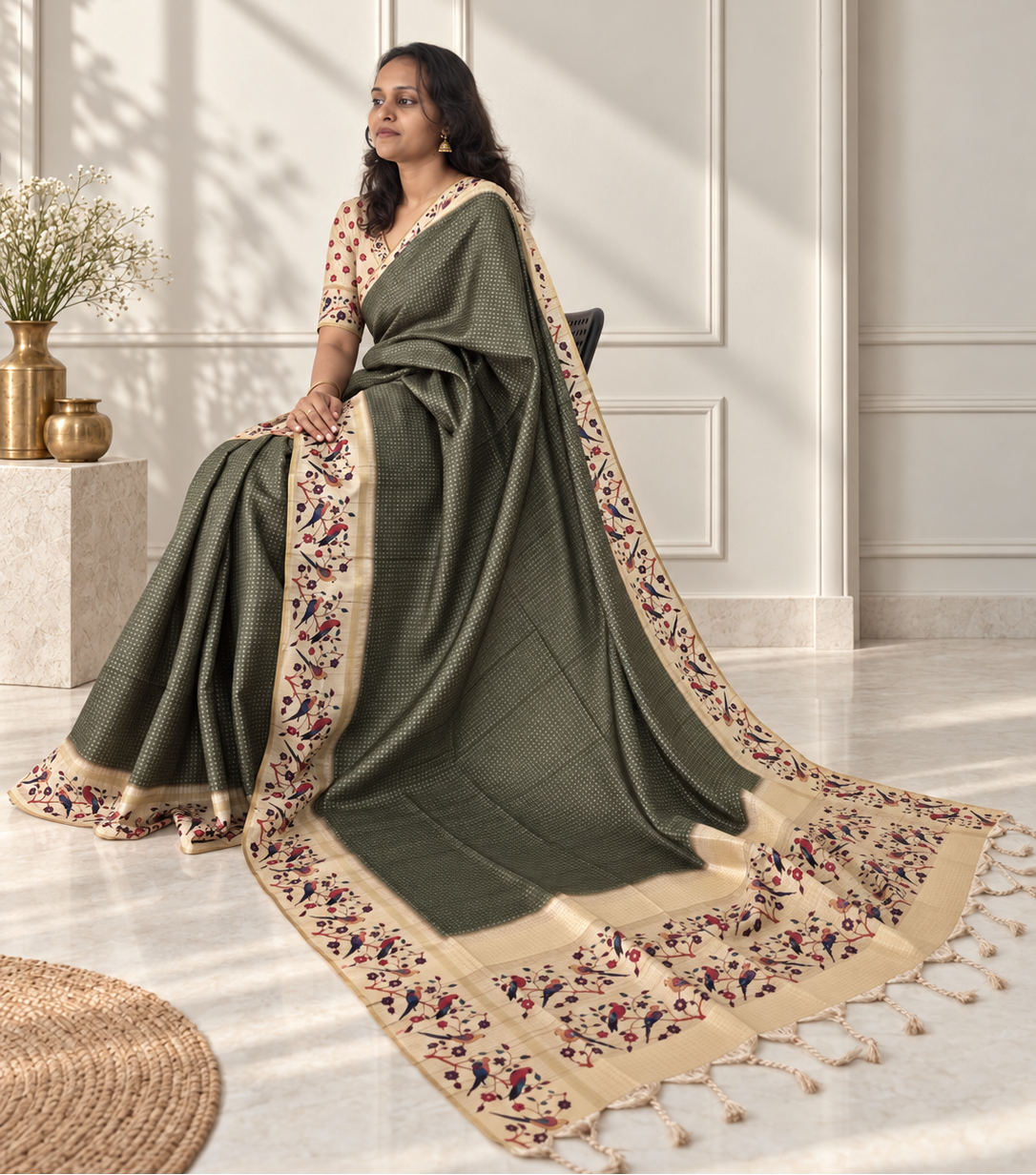 Bird & Floral Print Deep Olive Green Tussar Silk Saree