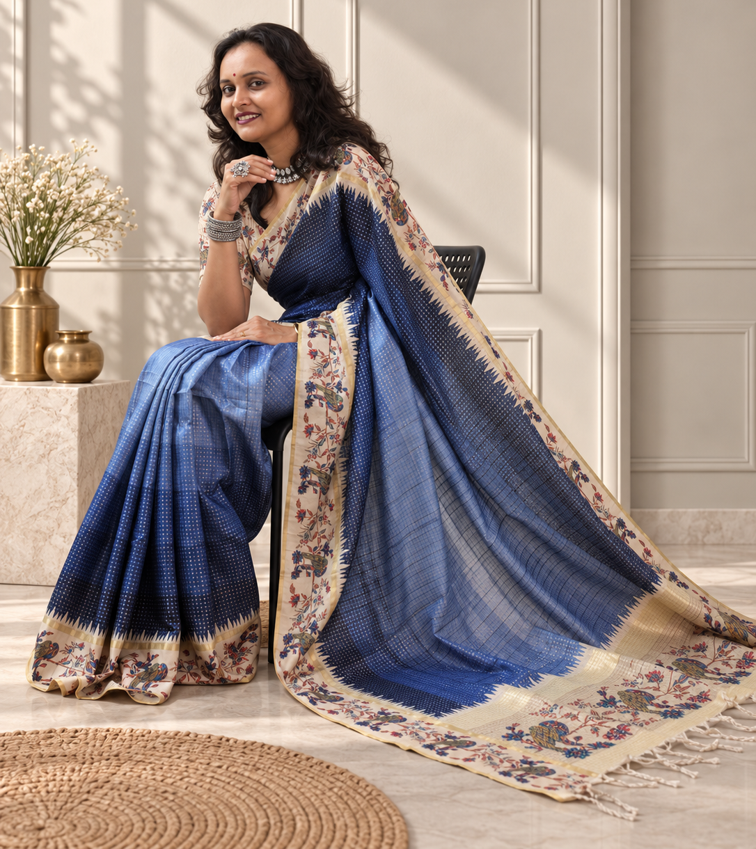 Navy Blue Tussar Silk Katha Print Saree with Parrot Pallu