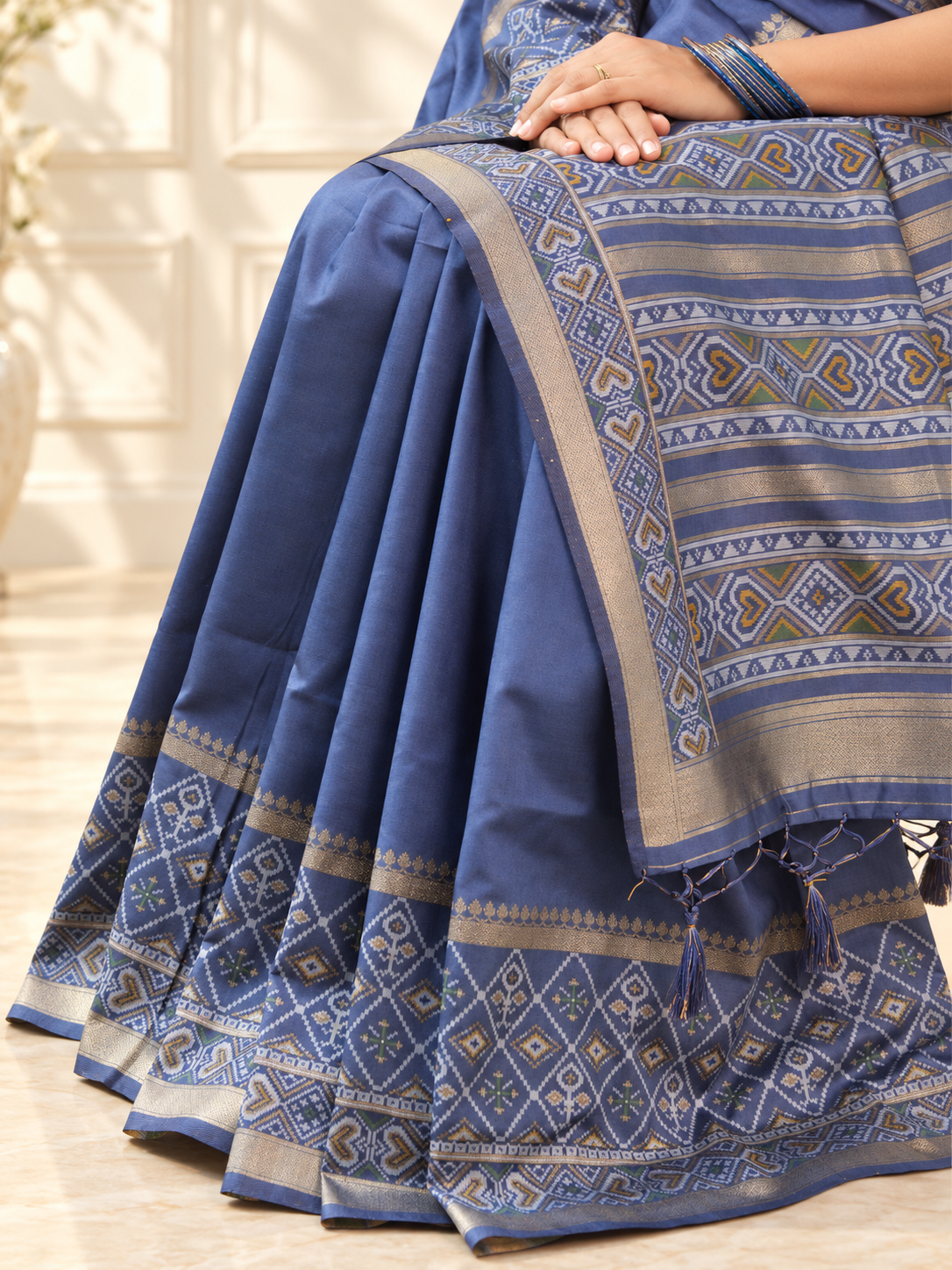 slate blue silk gala patola broad border saree