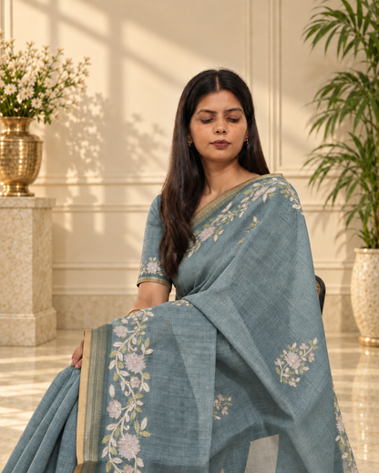 Dusty Teal Blue Linen Saree with Handcrafted Aari Floral Embroidery