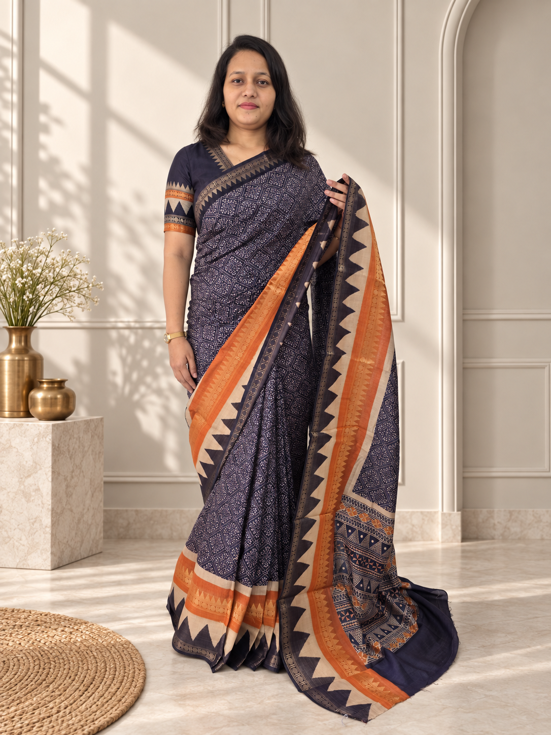 navy blue soft cotton saree with zari border