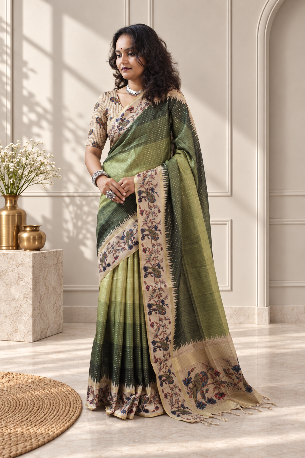 Olive Green Tussar Silk Katha Print Saree with Parrot Pallu