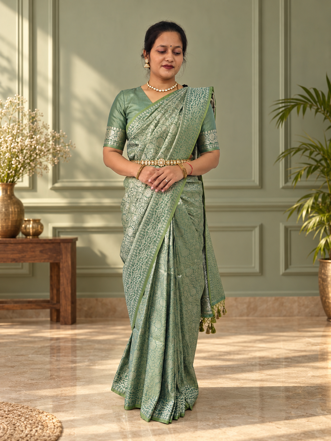 sage green crepe jaal silk saree with matching floral border
