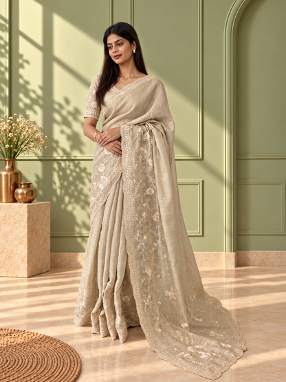 Ivory Linen Tissue Cotton Saree with Intricate Floral Embroidery